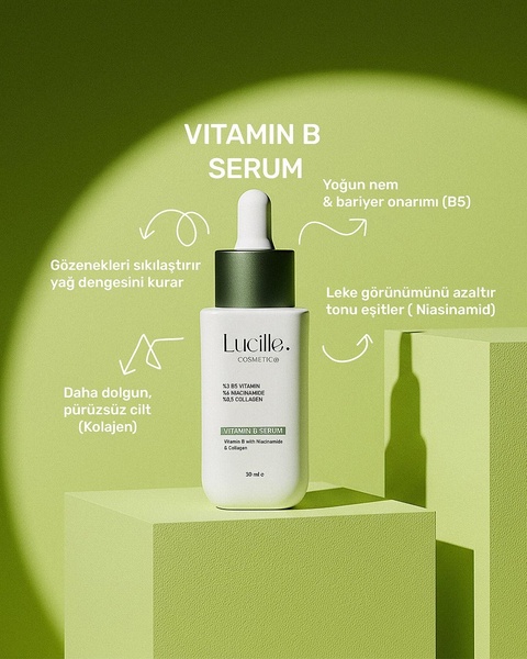 This ad creative uses a clean, high-contrast studio aesthetic to highlight specific product benefits directly on the Vitamin B Serum bottle.